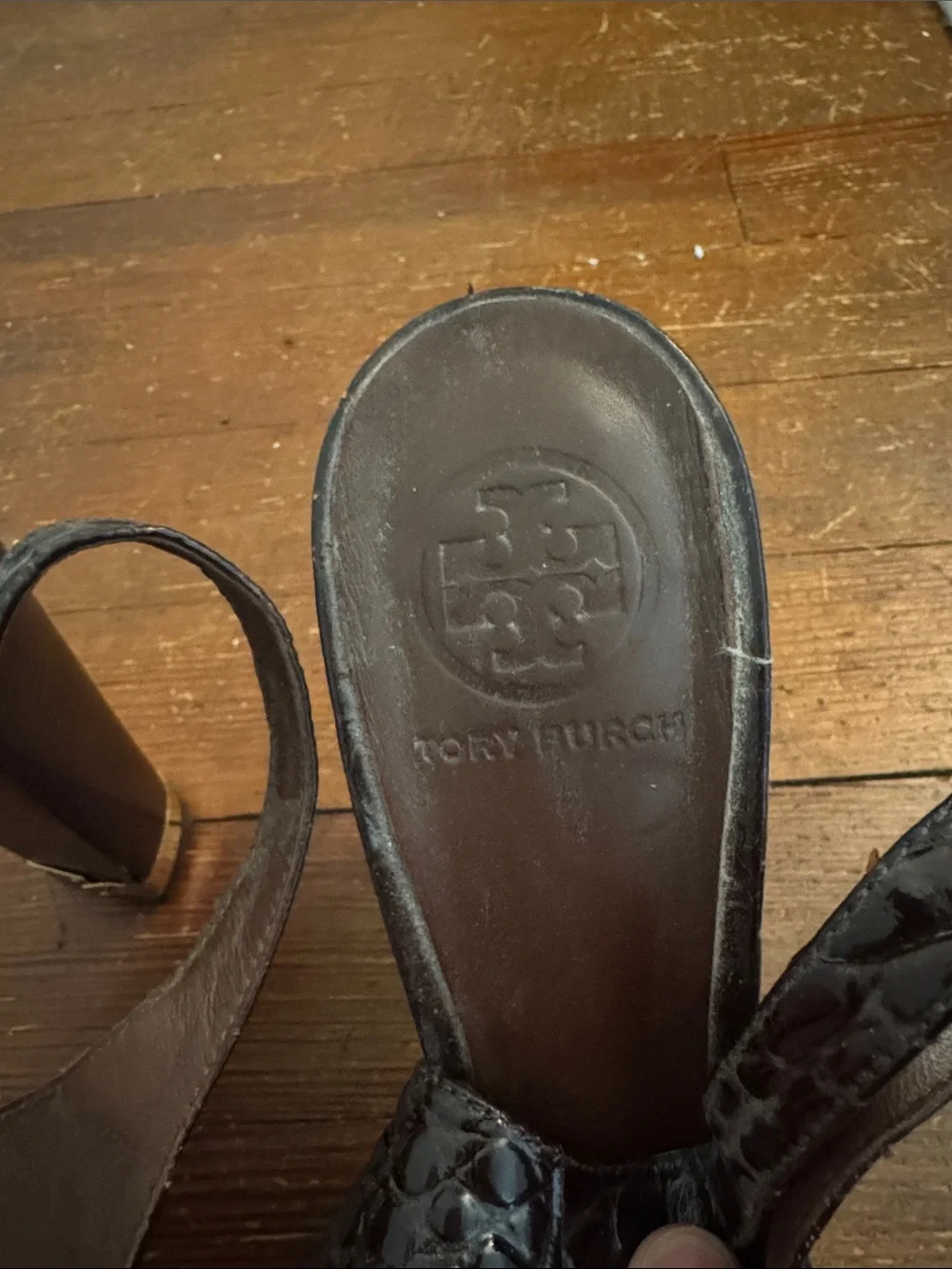 Tory Burch Dark Brown Croc-Embossed Peep-Toe Slingback Heels with Gold Buckle - Picture 3 of 11